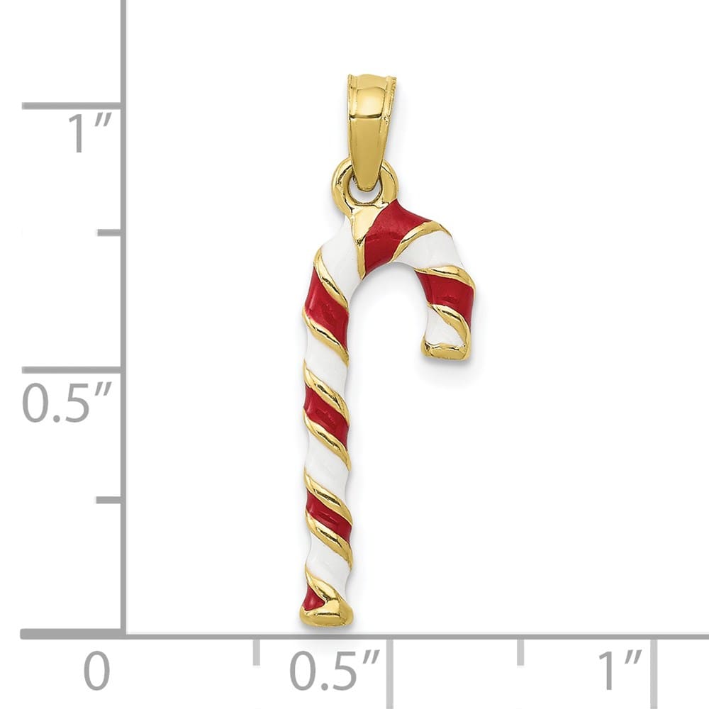 10K Yellow Gold 3-D Large Red and White Enameled Candy Cane Pendant