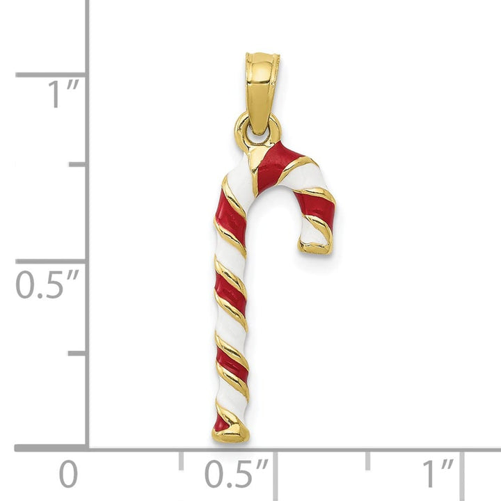 10K Yellow Gold 3-D Large Red and White Enameled Candy Cane Pendant
