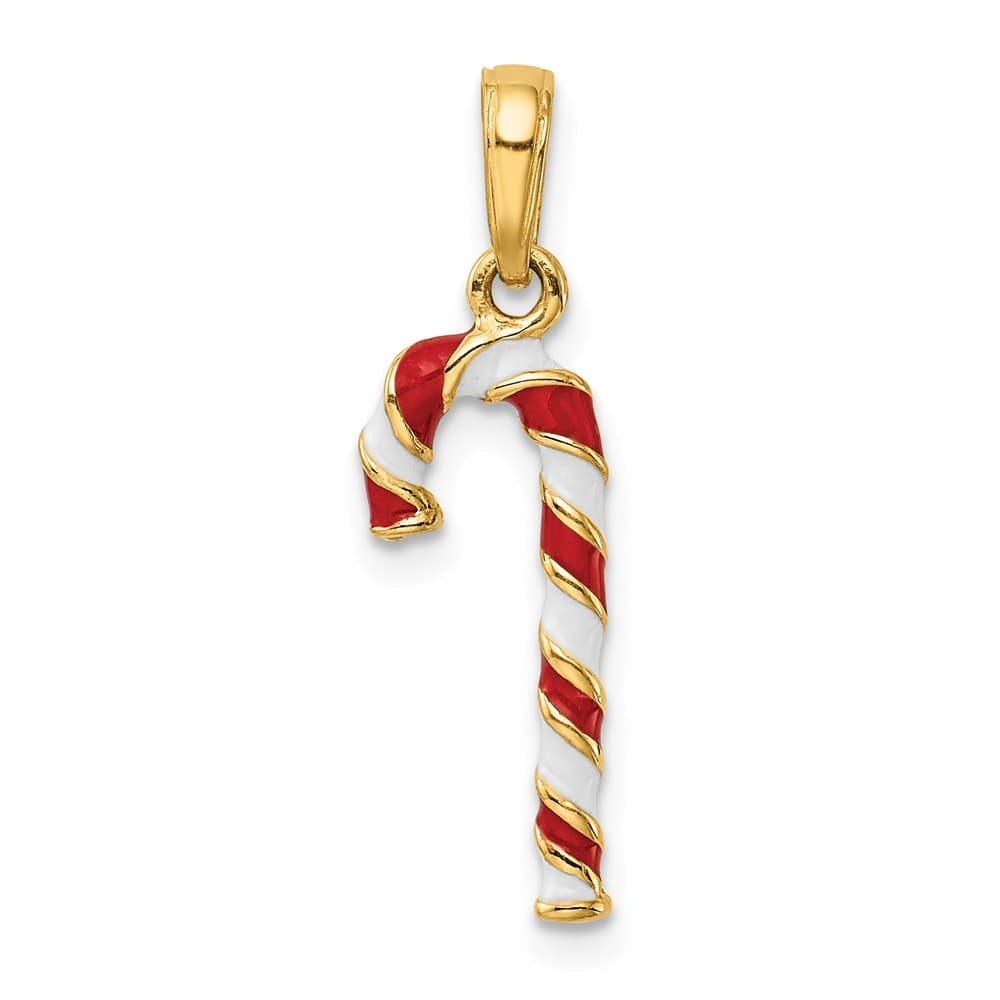 10K Yellow Gold 3-D Large Red and White Enameled Candy Cane Pendant