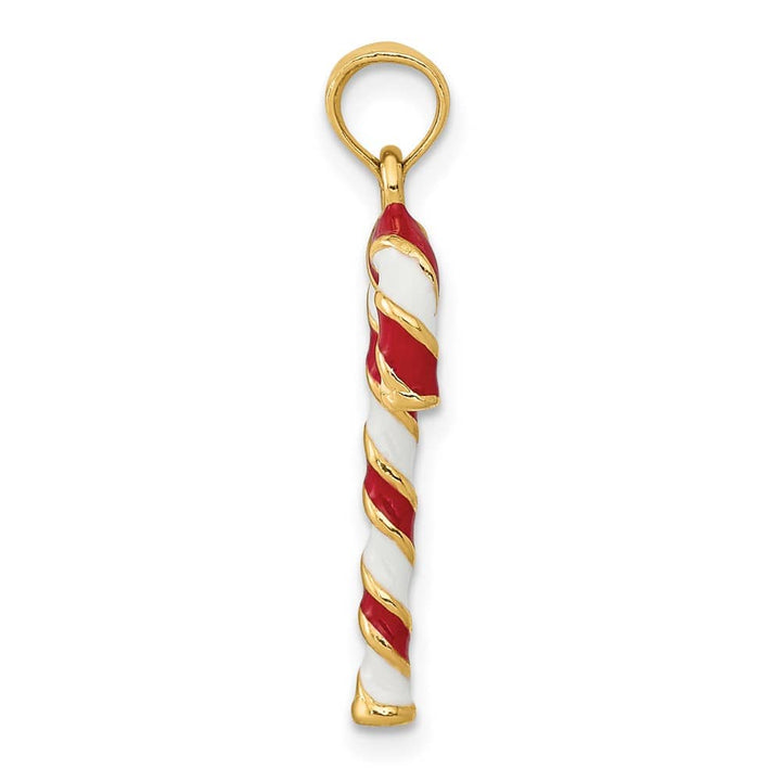 10K Yellow Gold 3-D Large Red and White Enameled Candy Cane Pendant