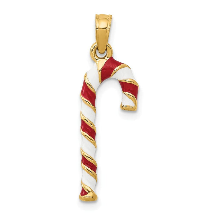 10K Yellow Gold 3-D Large Red and White Enameled Candy Cane Pendant