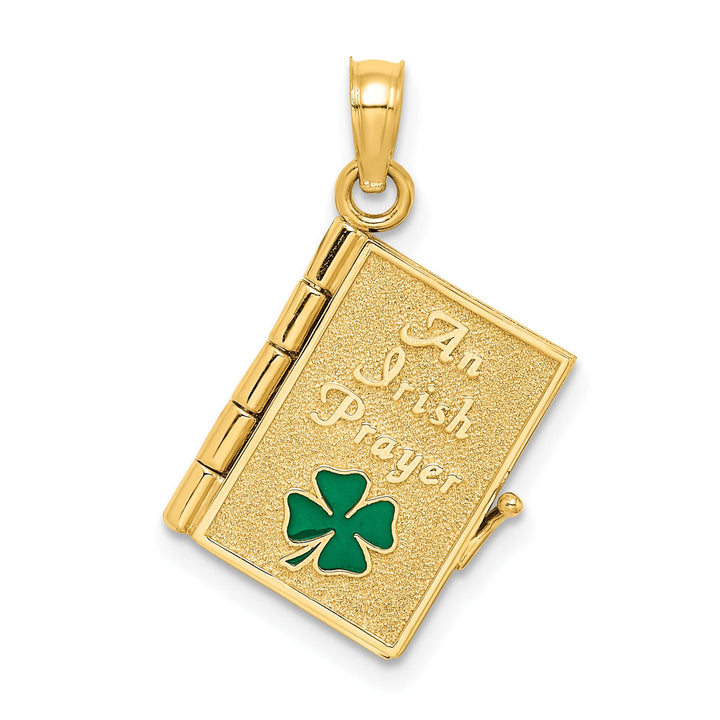 10K Yellow Gold 3-D Moveable AN IRISH PRAYER Book with Clover Charm