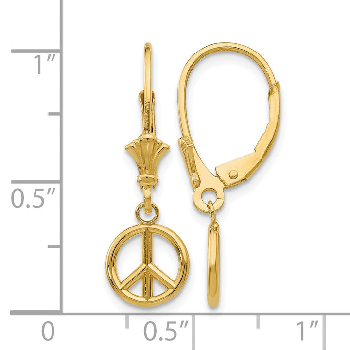 10k Yellow Gold 3-D Peace Symbol Dangle Leverback Earrings