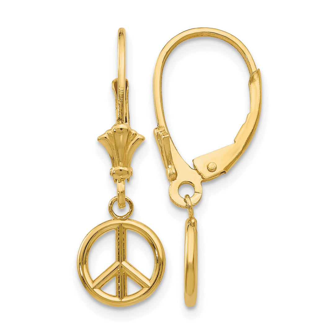 10k Yellow Gold 3-D Peace Symbol Dangle Leverback Earrings