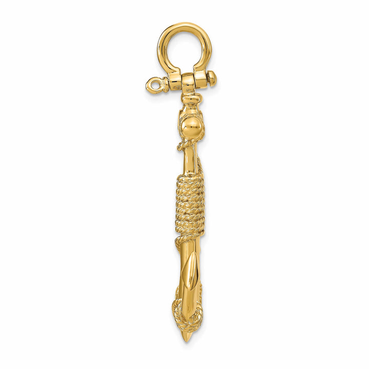10K Yellow Gold 3-D Solid Anchor with Rope and Shackle Bail Pendant