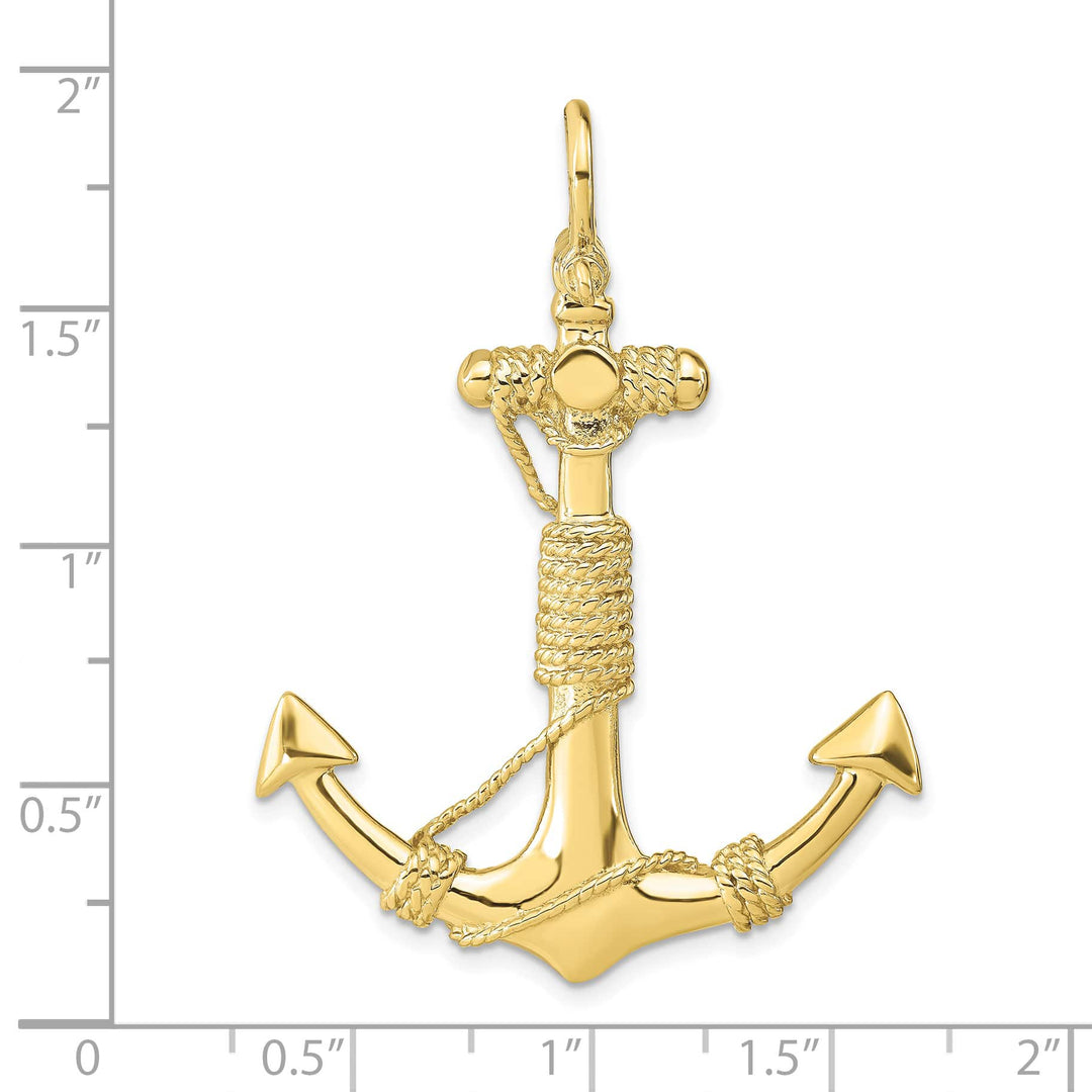 10K Yellow Gold 3-D Solid Anchor with Rope and Shackle Bail Pendant