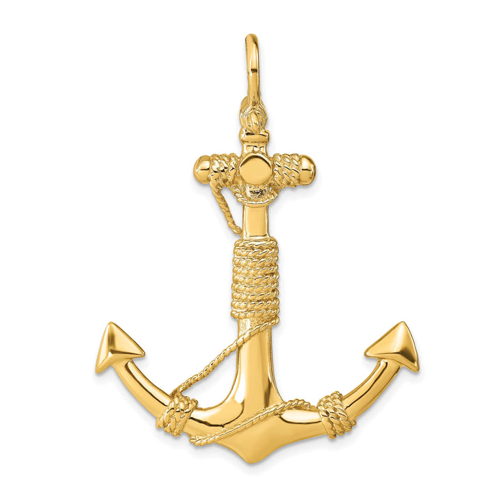 10K Yellow Gold 3-D Solid Anchor with Rope and Shackle Bail Pendant