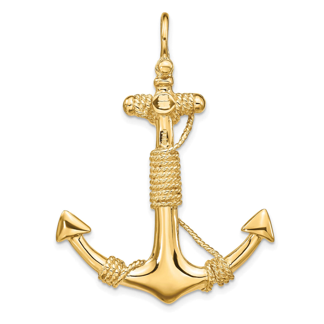 10K Yellow Gold 3-D Solid Anchor with Rope and Shackle Bail Pendant