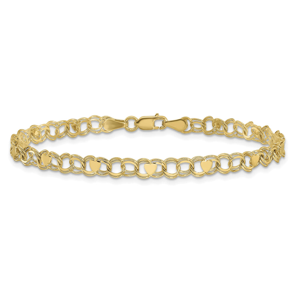 10K Yellow Gold 4mm Solid Double Link with Hearts Charm Bracelet