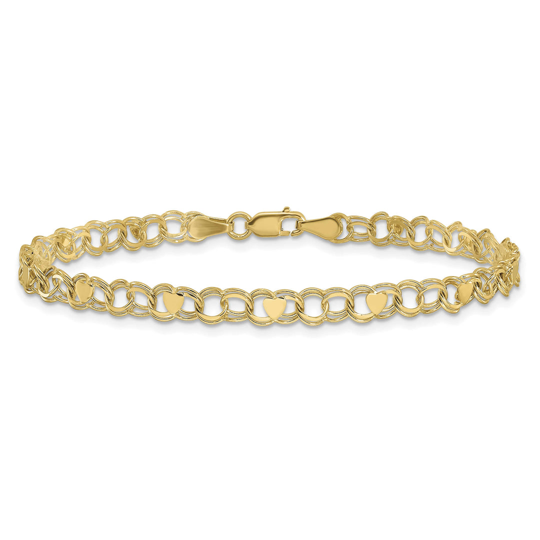 10K Yellow Gold 4mm Solid Double Link with Hearts Charm Bracelet