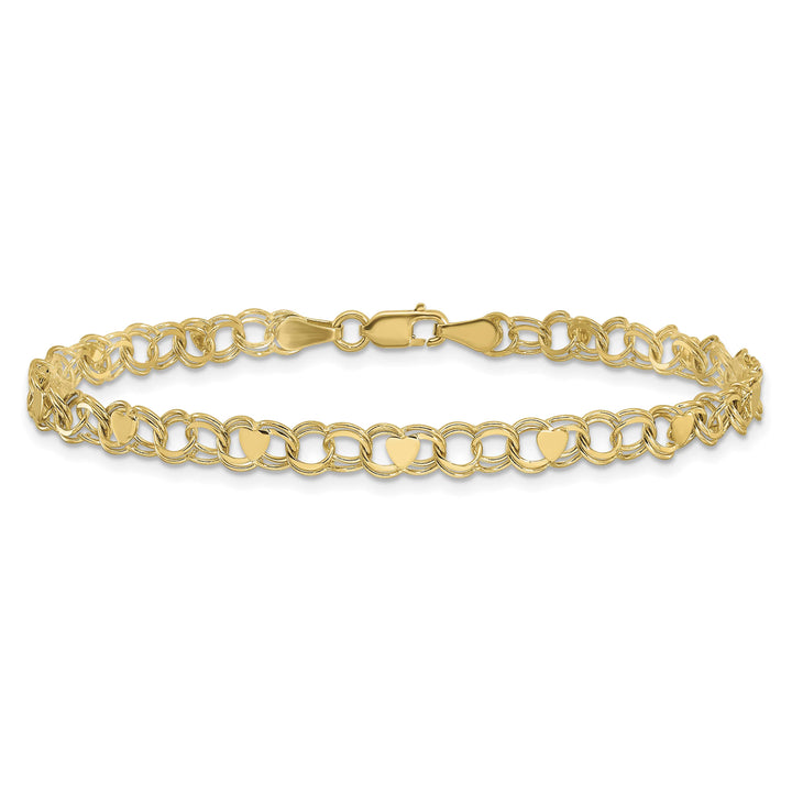 10K Yellow Gold 4mm Solid Double Link with Hearts Charm Bracelet
