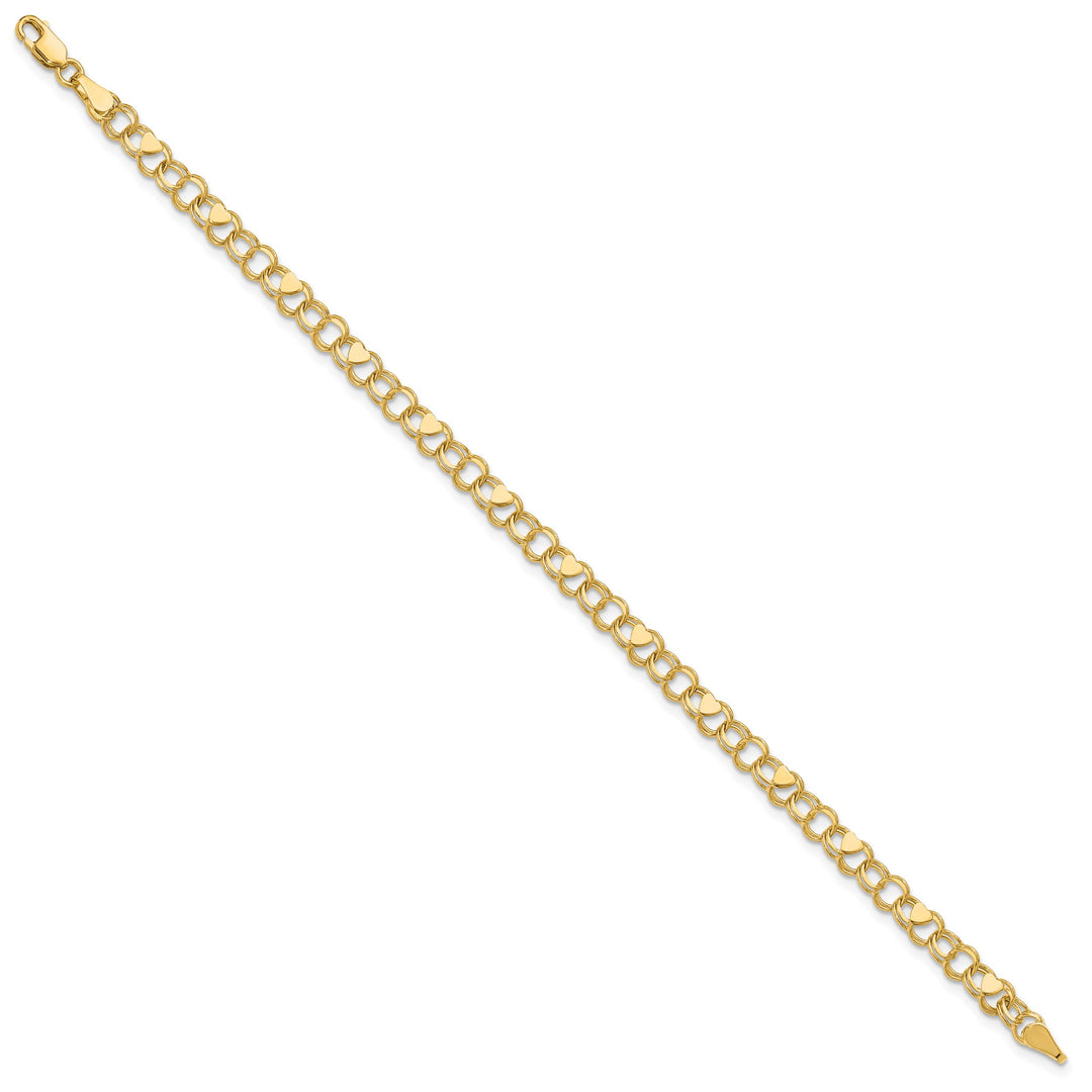 10K Yellow Gold 4mm Solid Double Link with Hearts Charm Bracelet