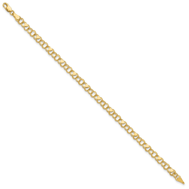 10K Yellow Gold 4mm Solid Double Link with Hearts Charm Bracelet