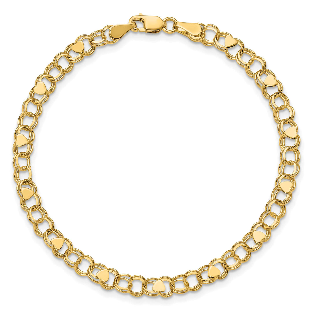 10K Yellow Gold 4mm Solid Double Link with Hearts Charm Bracelet
