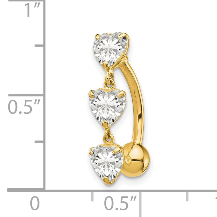 10k Yellow Gold 5mm CZ Heart 3-Stone Belly Dangle