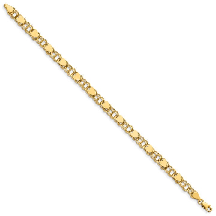 10K Yellow Gold 6mm Solid Double Link with Hearts Charm Bracelet