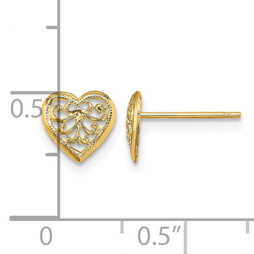 10k Yellow Gold 7mm Filigree Heart Post Earrings
