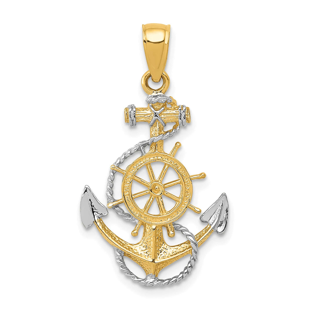 10K Yellow Gold Anchor with Ships Wheel and Rope Pendant, 30x17.5mm
