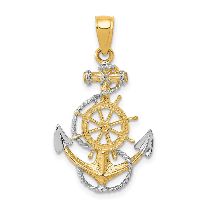 10K Yellow Gold Anchor with Ships Wheel and Rope Pendant, 30x17.5mm