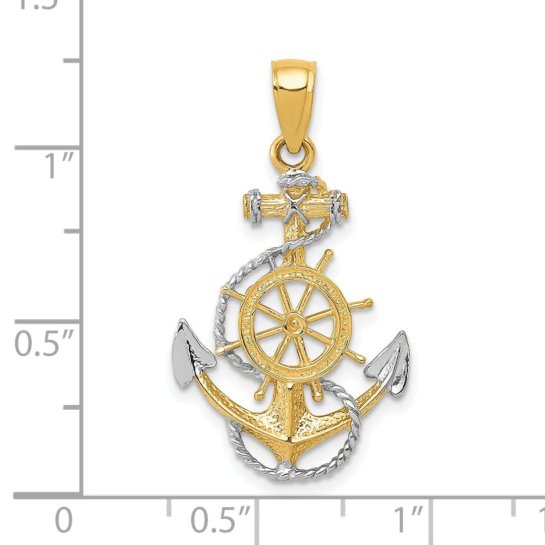 10K Yellow Gold Anchor with Ships Wheel and Rope Pendant, 30x17.5mm