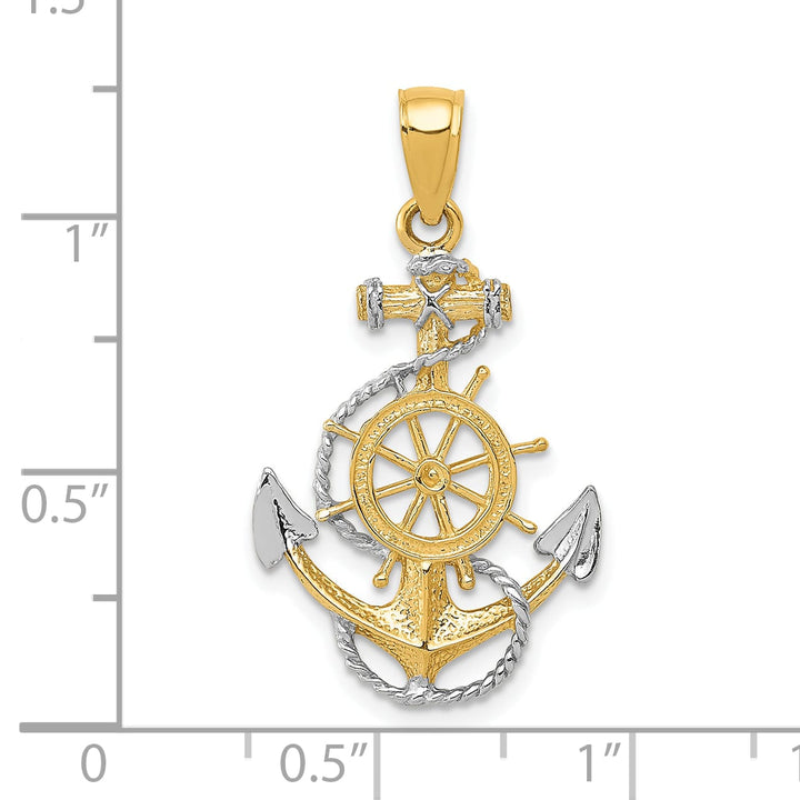 10K Yellow Gold Anchor with Ships Wheel and Rope Pendant, 30x17.5mm