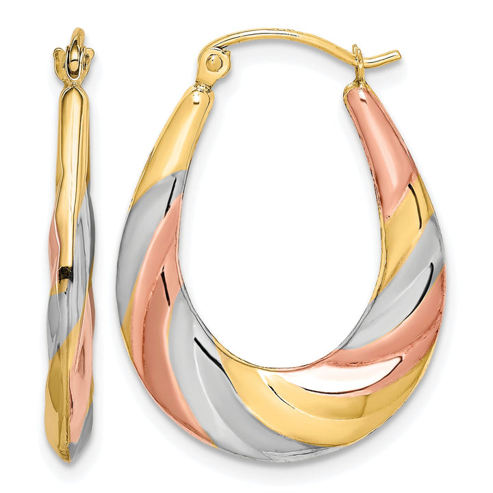 10k Yellow Gold and Rhodium Oval Scalloped Hollow Hoop Earrings