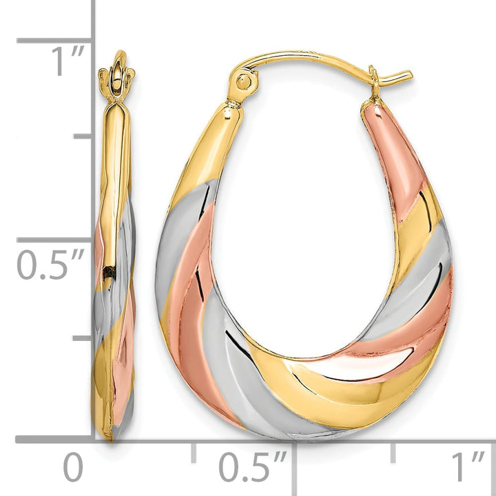 10k Yellow Gold and Rhodium Oval Scalloped Hollow Hoop Earrings