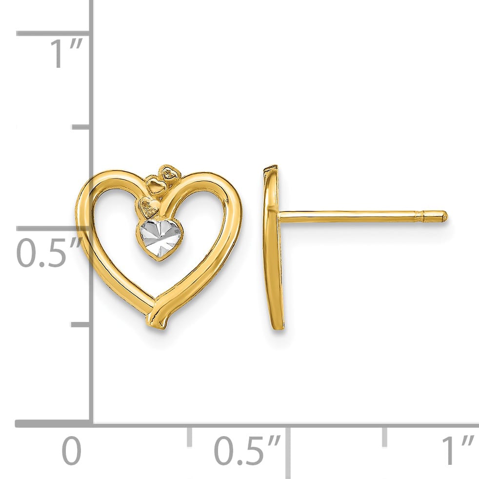 10k Yellow Gold and White Rhodium 10mm Diamond-cut Heart Post Earrings