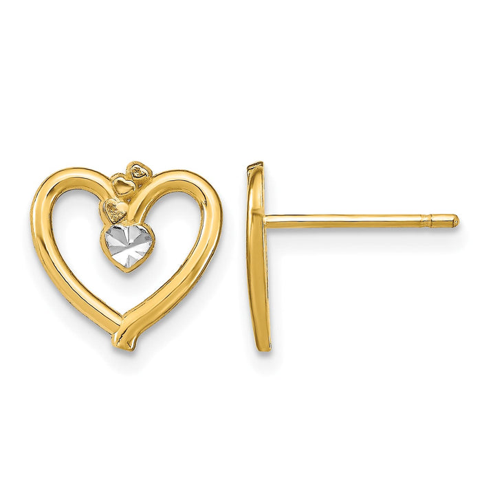 10k Yellow Gold and White Rhodium 10mm Diamond-cut Heart Post Earrings