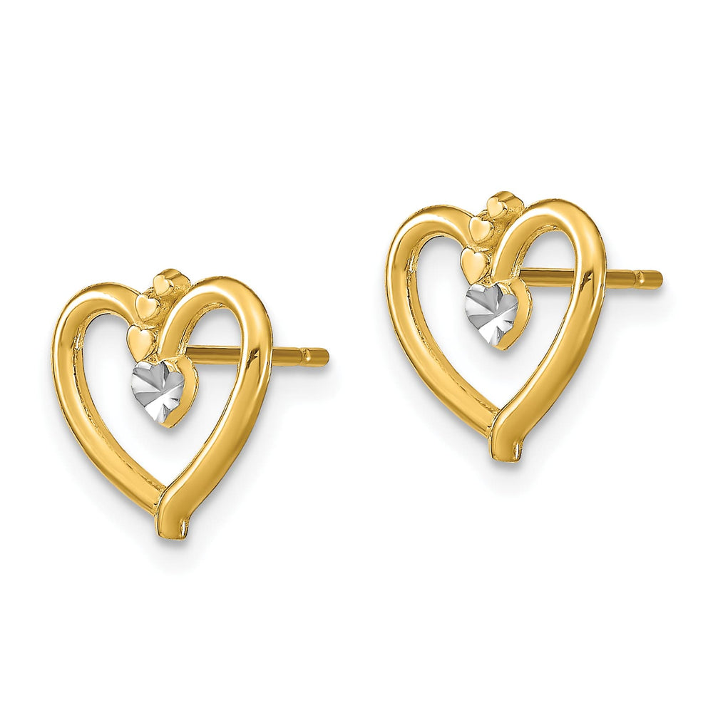 10k Yellow Gold and White Rhodium 10mm Diamond-cut Heart Post Earrings