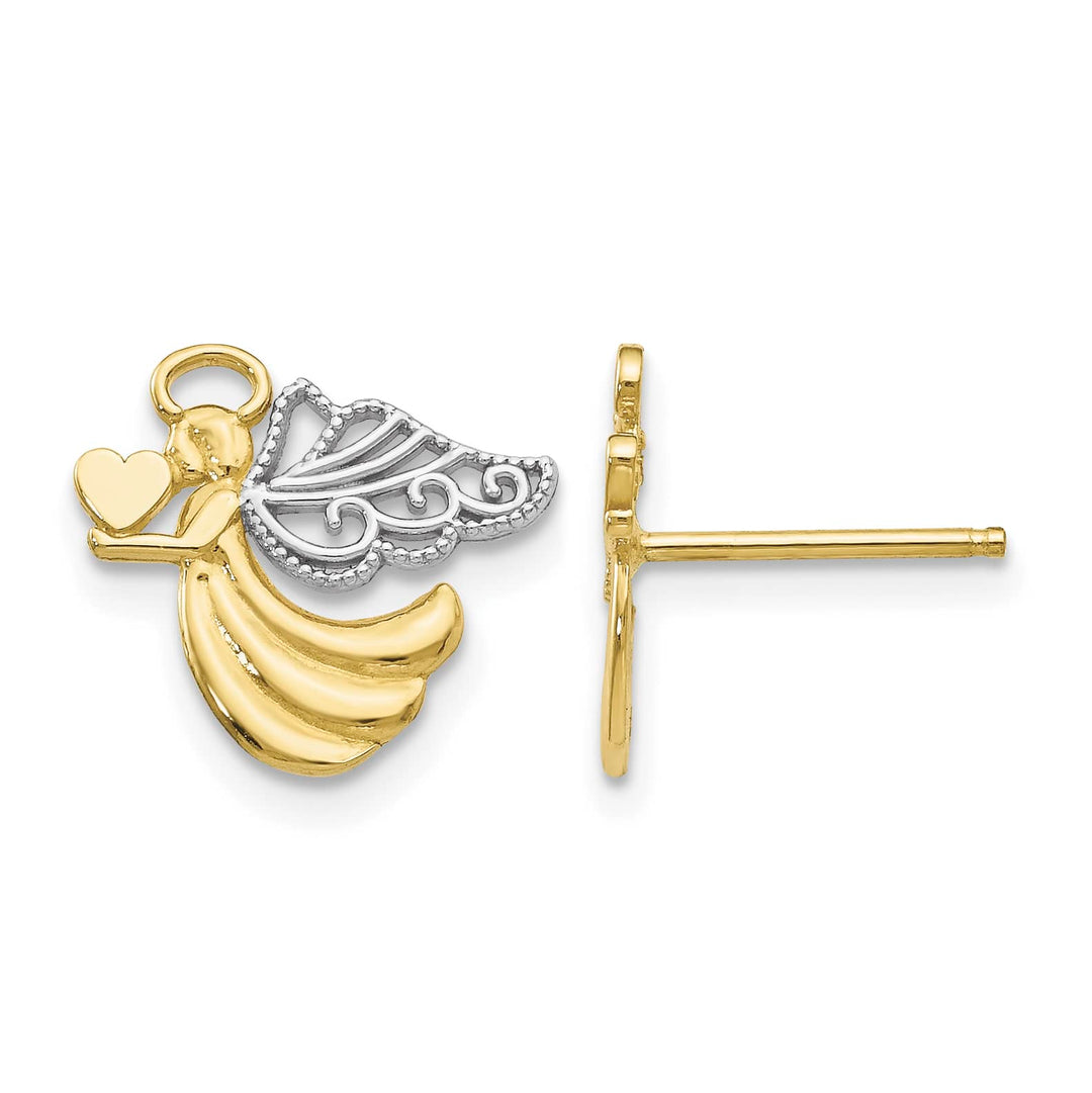 10k Yellow Gold and White Rhodium Angel with Heart Post Earrings