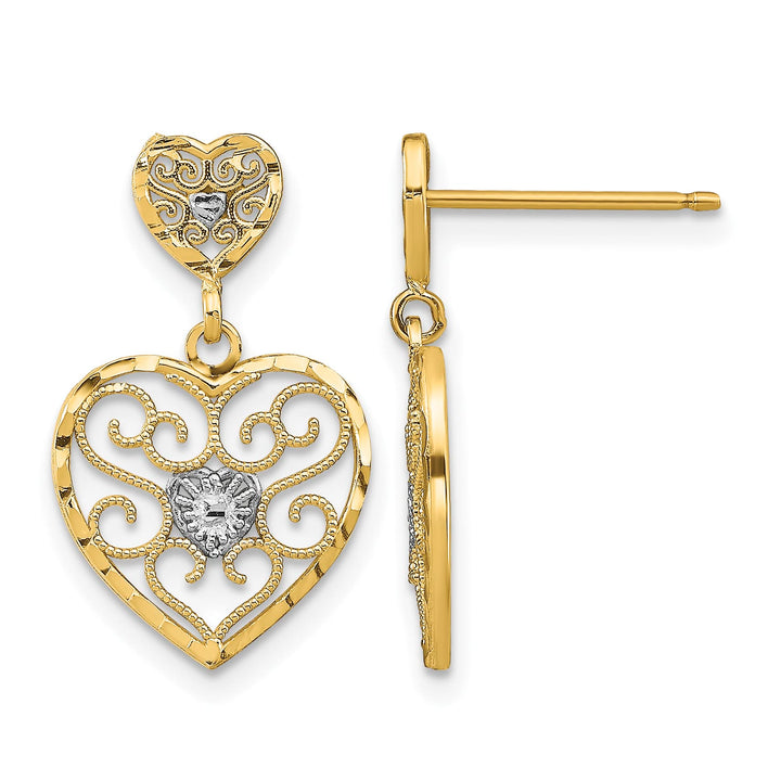 10k Yellow Gold and White Rhodium Beaded Filigree Heart Dangle Post Earrings
