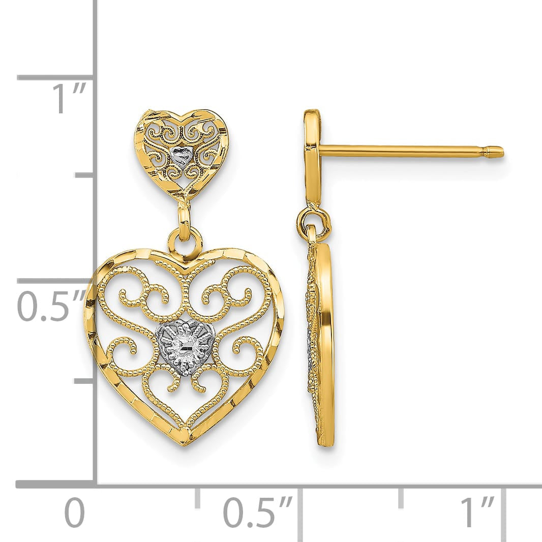 10k Yellow Gold and White Rhodium Beaded Filigree Heart Dangle Post Earrings