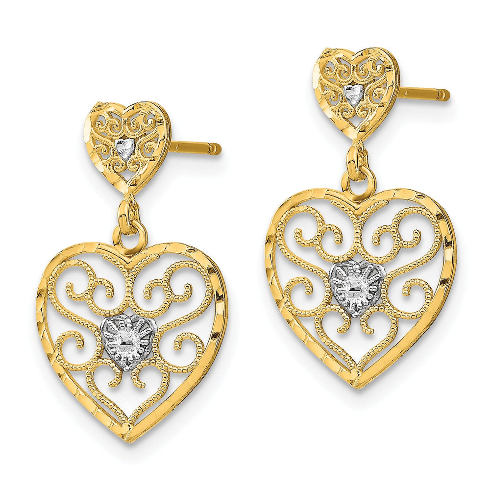 10k Yellow Gold and White Rhodium Beaded Filigree Heart Dangle Post Earrings