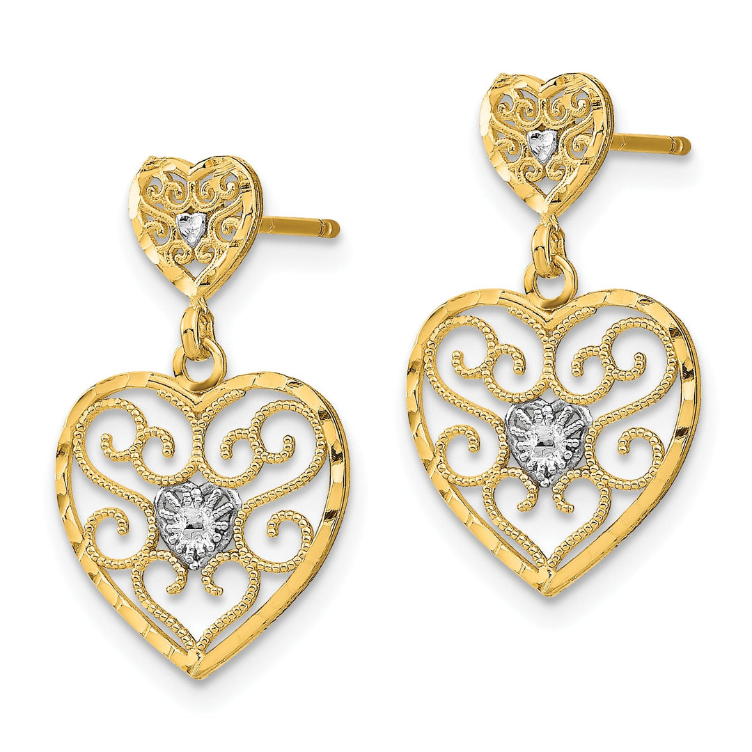 10k Yellow Gold and White Rhodium Beaded Filigree Heart Dangle Post Earrings