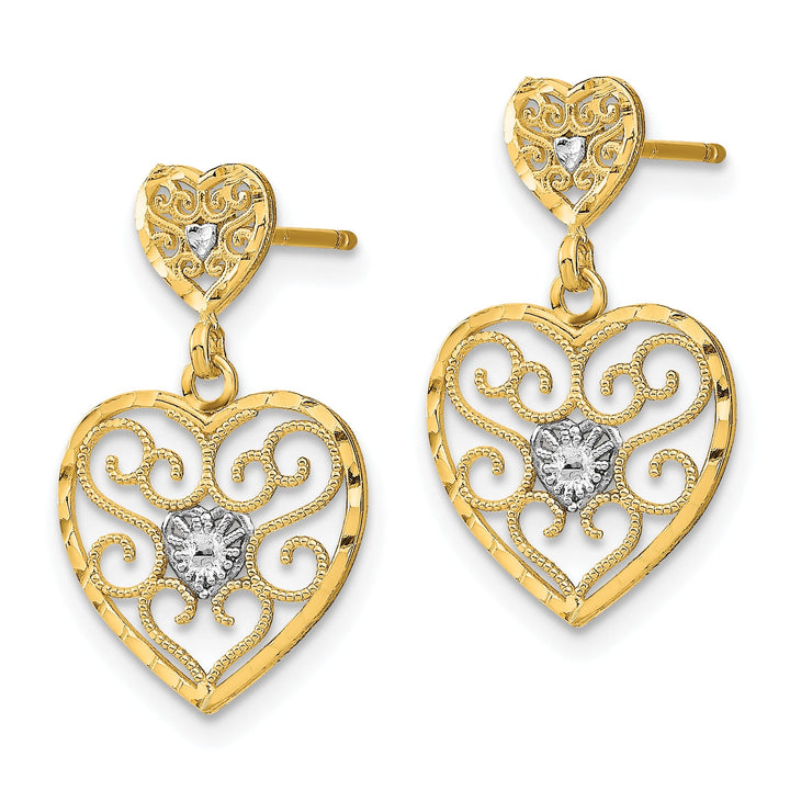 10k Yellow Gold and White Rhodium Beaded Filigree Heart Dangle Post Earrings