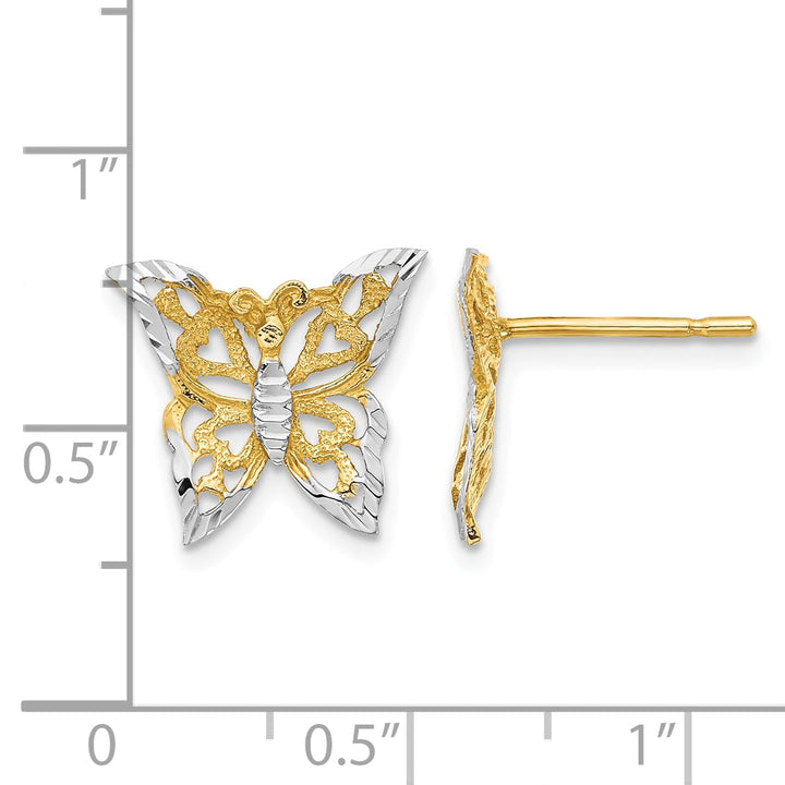 10k Yellow Gold and White Rhodium Butterfly Post Earrings, 12.95mm