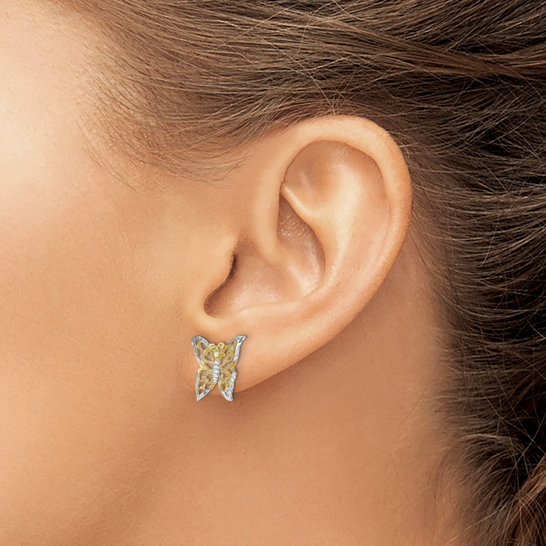 10k Yellow Gold and White Rhodium Butterfly Post Earrings, 12.95mm