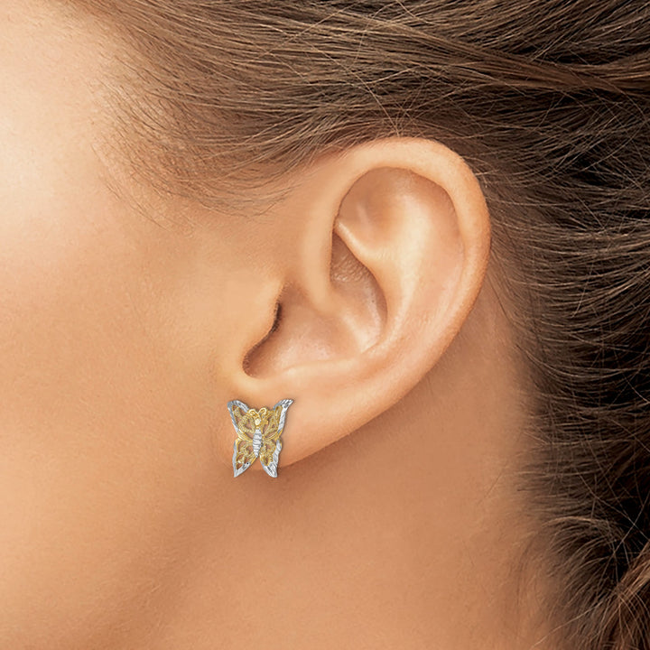 10k Yellow Gold and White Rhodium Butterfly Post Earrings, 12.95mm