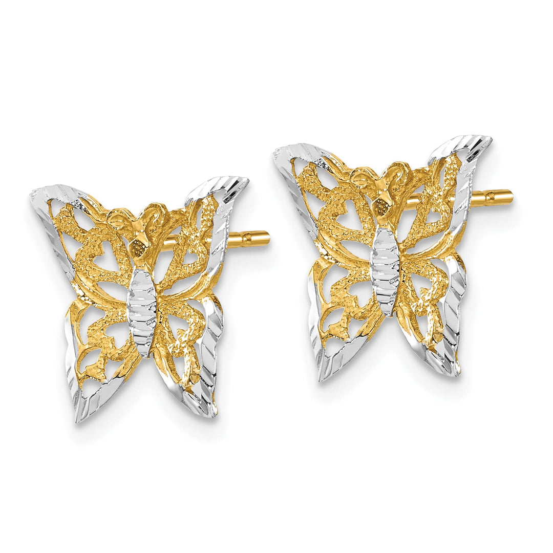 10k Yellow Gold and White Rhodium Butterfly Post Earrings, 12.95mm