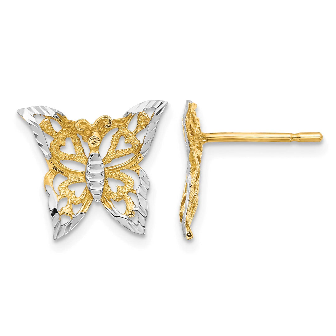 10k Yellow Gold and White Rhodium Butterfly Post Earrings, 12.95mm