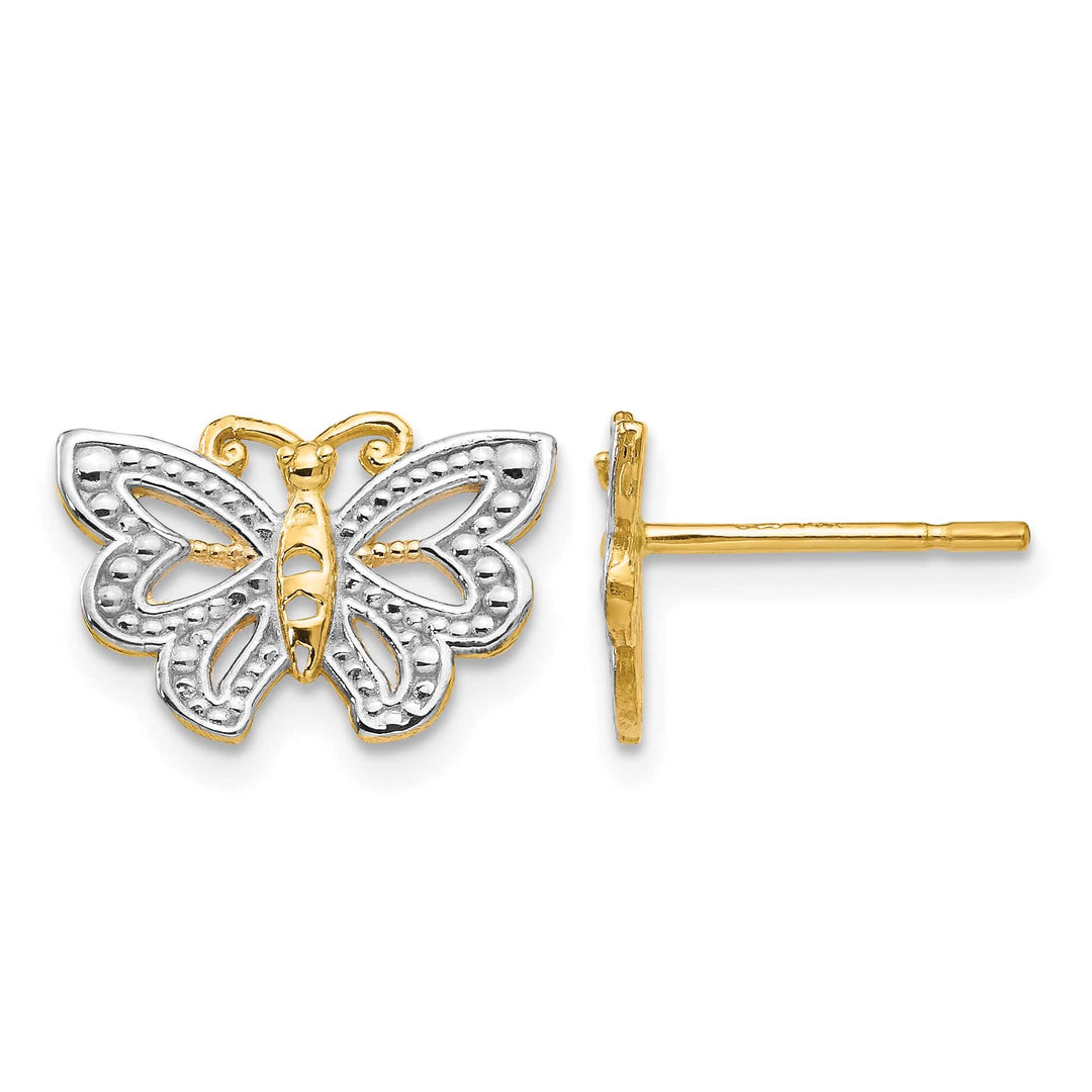 10k Yellow Gold and White Rhodium Butterfly Post Earrings, 8mm