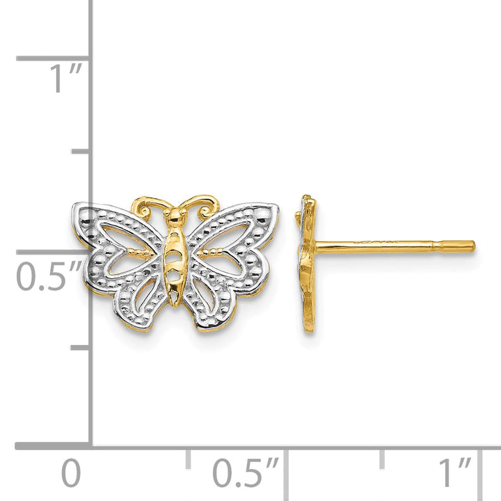10k Yellow Gold and White Rhodium Butterfly Post Earrings, 8mm