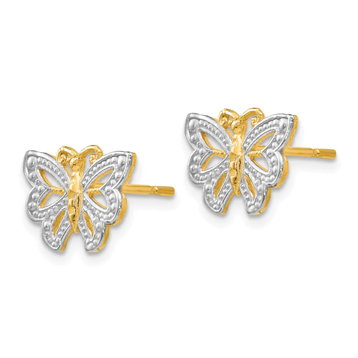 10k Yellow Gold and White Rhodium Butterfly Post Earrings, 8mm
