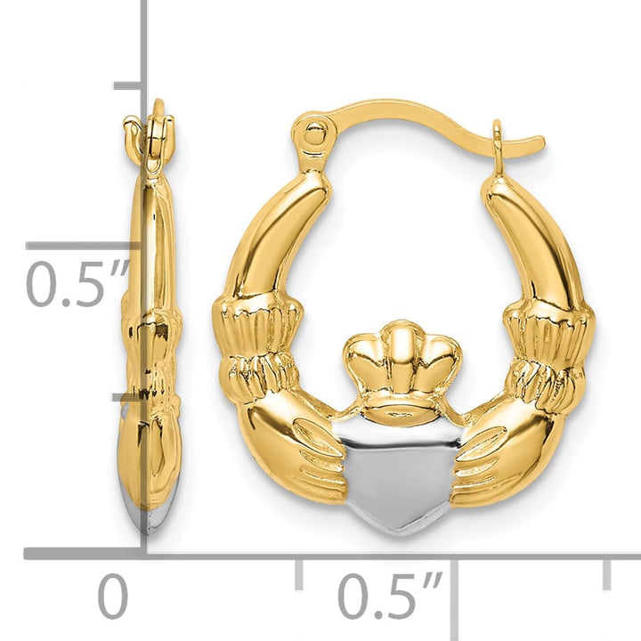 10k Yellow Gold and White Rhodium Claddagh Hollow Hoop Earrings