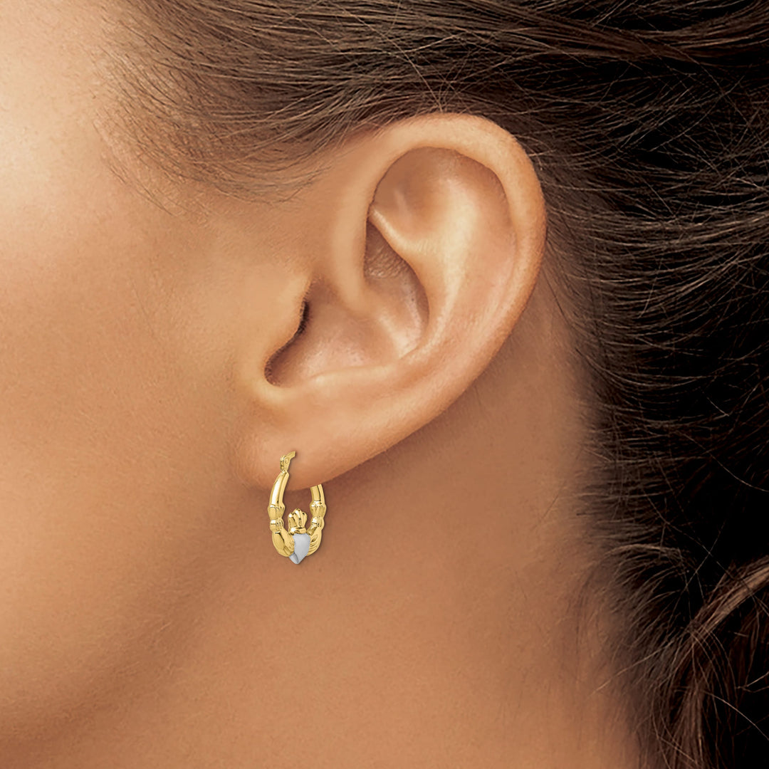 10k Yellow Gold and White Rhodium Claddagh Hollow Hoop Earrings