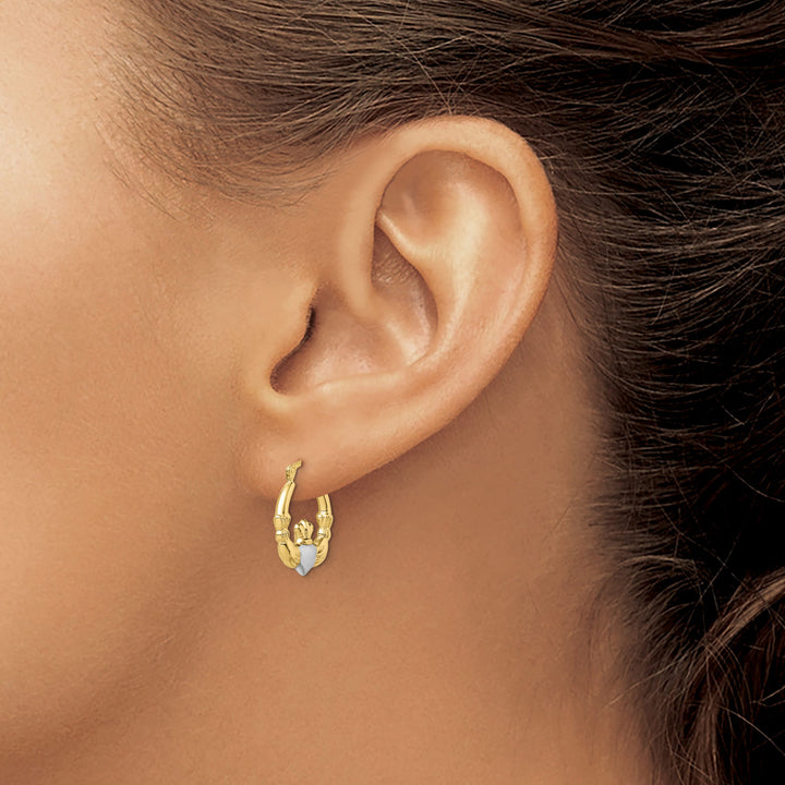 10k Yellow Gold and White Rhodium Claddagh Hollow Hoop Earrings