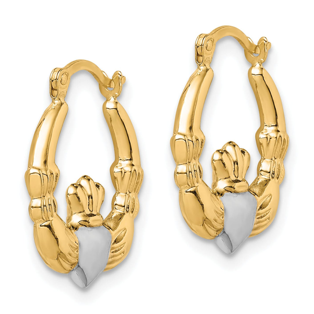 10k Yellow Gold and White Rhodium Claddagh Hollow Hoop Earrings
