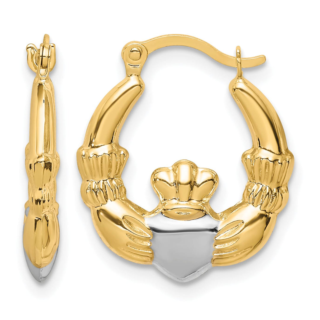 10k Yellow Gold and White Rhodium Claddagh Hollow Hoop Earrings