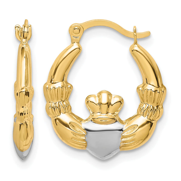 10k Yellow Gold and White Rhodium Claddagh Hollow Hoop Earrings